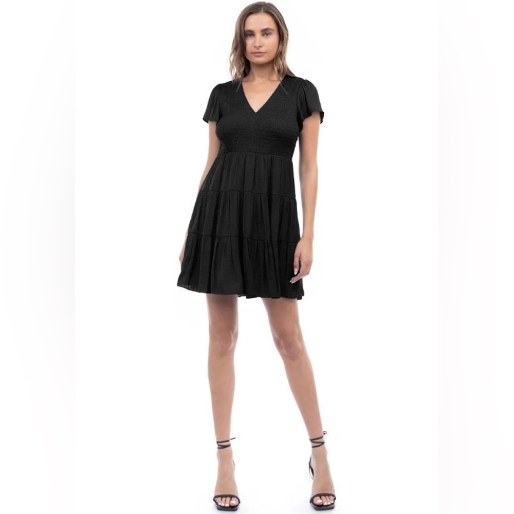 Naked Zebra Short Sleeved Smocked Tiered Mini Black Dress☕️